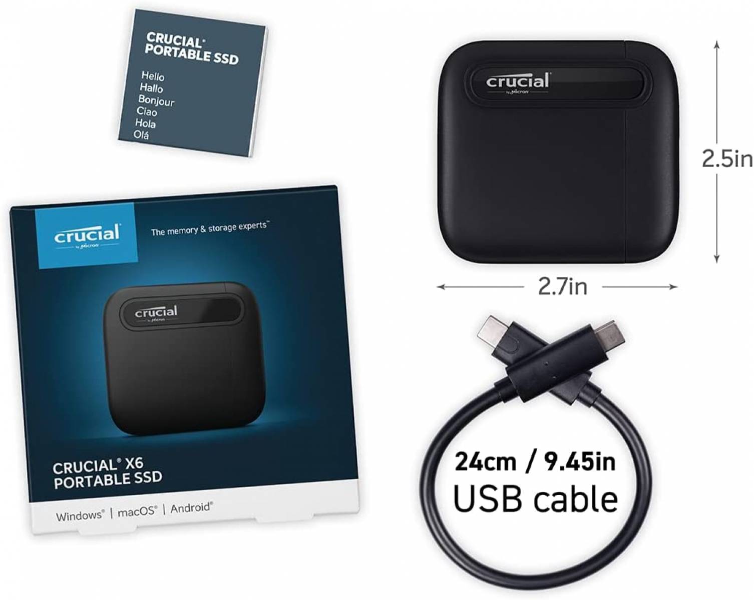 SSD Externo Portátil Crucial X6, 2TB, USB-C, Leitura 540MB/s – Net
