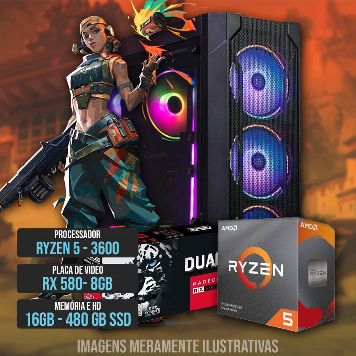 PC GAMER ODIN RYZEN 5 3600 16GB RAM SSD 480 RX580 8GB PC GAMER ODIN RYZEN 5 3600 16GB RAM SSD 480 RX580 8GB - Imagem 1