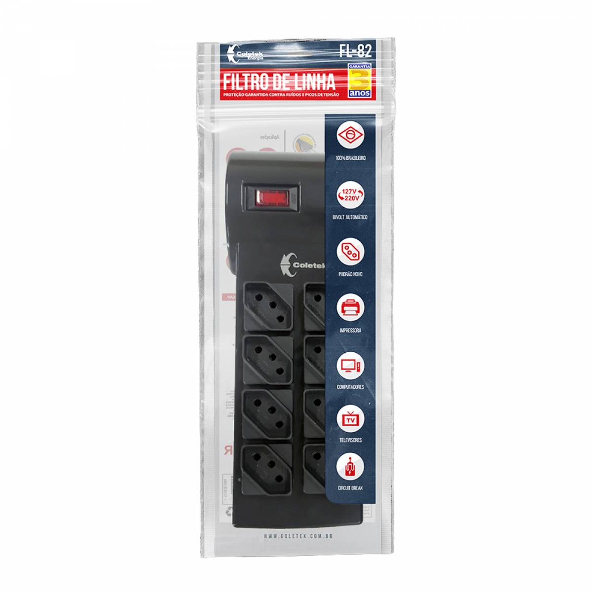 Filtro De Linha Com 8 Tomadas FL-82BK, com led indicador, Coletek Filtro De Linha Com 8 Tomadas FL-82BK, com led indicador, Coletek - Imagem 1