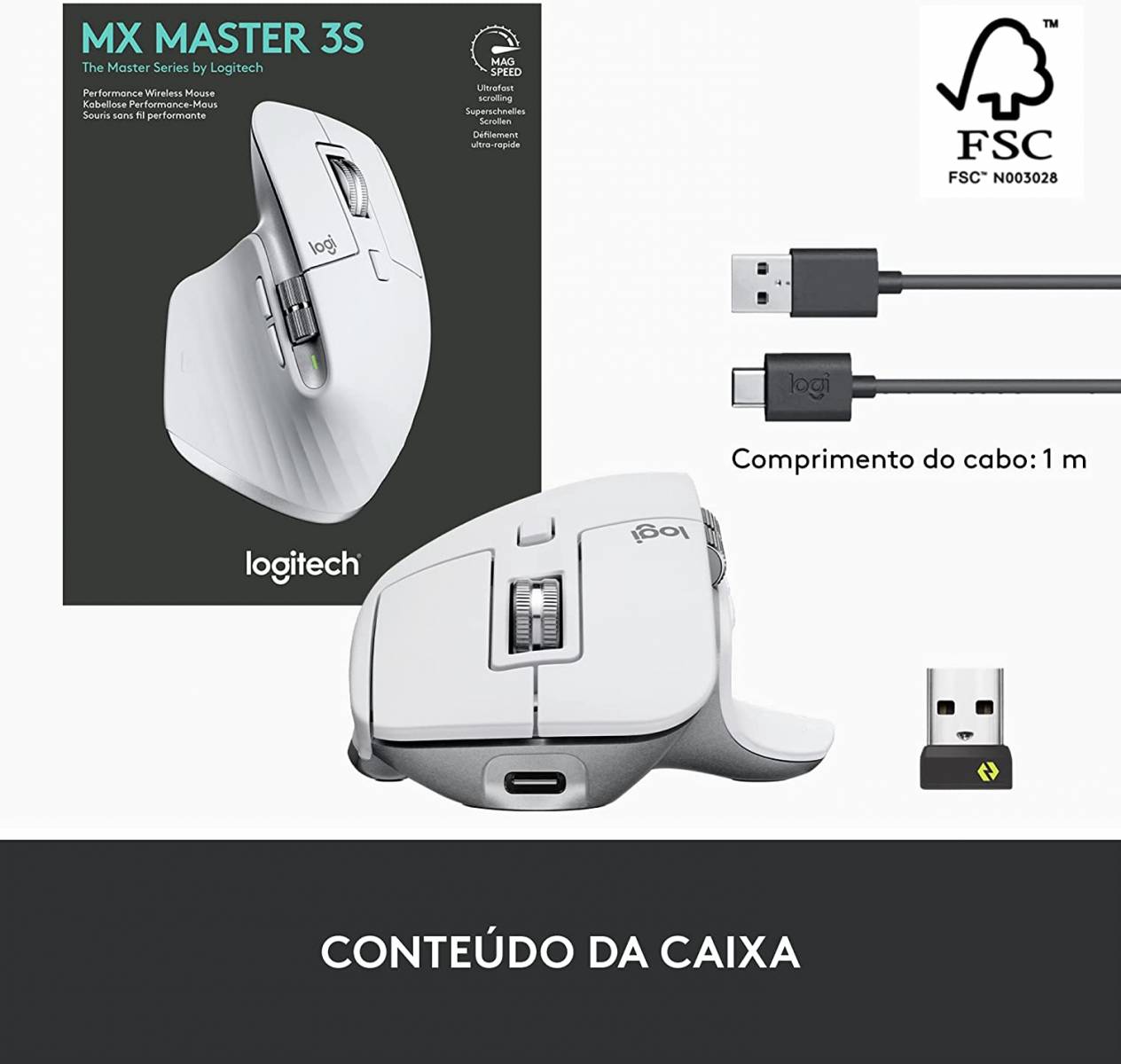 Mouse Sem Fio Logitech MX Master 3S, 8000 DPI, Bluetooth, Cinza